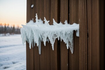 Detail of frost on a wooden fence post