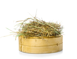 Straw in crate on white background