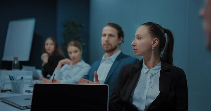 male and female co-workers in office business meeting, lawyers or financial analysts, 4K, Prores