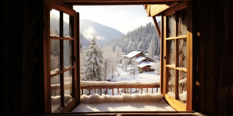 winter snow hilal view out of open window wooden 