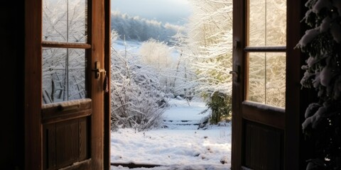 winter snow hill view out of open window wooden 