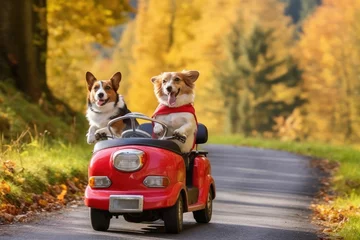 Fotobehang dog riding scooter and car © Daunhijauxx