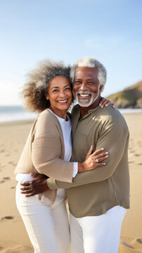 Smiling senior couple embracing on a sunny beach, AI generated