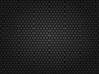 Black perforated metal plate. Black metal texture steel background. Perforated metal sheet. Abstract dark gray circle mesh pattern background texture. Black metallic background.