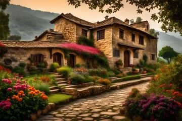 A beautiful village house with a garden. Nestled amidst rolling hills, the house exudes charm and tranquility