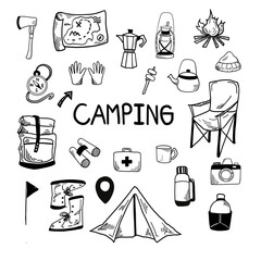 set of camping icons. camping illustration. set of camping doodle.