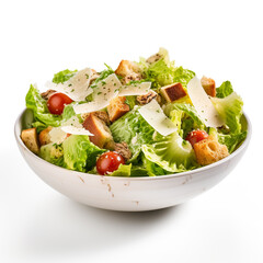 Caesar Salad with cheese, Chicken Salad. Chicken Caesar Salad. Caesar Salad with grilled chicken and croutons. Grilled chicken breast and fresh green salad isolated on white