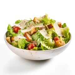 Gordijnen Caesar Salad with cheese, Chicken Salad. Chicken Caesar Salad. Caesar Salad with grilled chicken and croutons. Grilled chicken breast and fresh green salad isolated on white © Arif