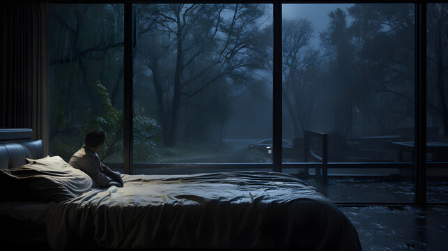 A house in jungle, in a bedroom, a person watching the rain, large windows, cars, light, dark, storm, heavy rain, tree, forest, water, green, high quality, taken with a camera, Ai generate.