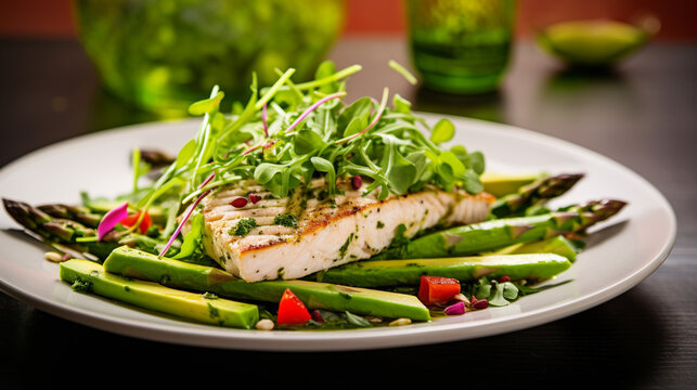 Generative AI image of a refreshing spring salad featuring tender asparagus and grilled mahi-mahi, a harmonious blend of vibrant flavors and healthy ingredients.