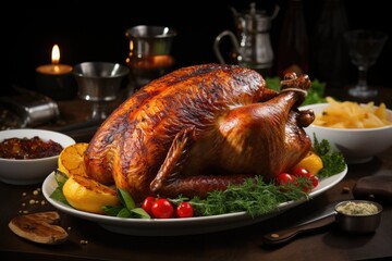 Christmas or thanksgiving turkey on table. Generative AI