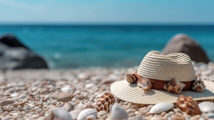 Straw hat and on beach sand beside starfish and seashells in sunlight. Generative AI