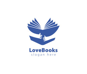 Love Book and hands logo combination. Novel and embrace symbol or icon