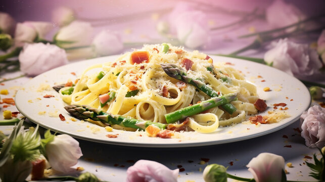 Generative AI image of a luscious vegetarian carbonara with asparagus, boasting creamy pasta coated in a velvety sauce, enhanced by the vibrant green spears of asparagus, a twist on a classic dish.
