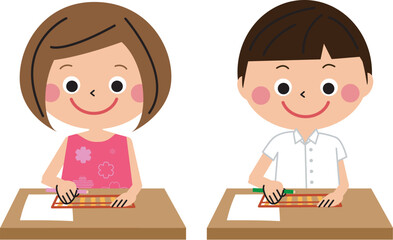 ポップな子供　そろばんの習い事　男の子女の子　机で勉強