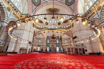 Interior view of the Suleymaniye mosque in Istanbul, Turkey.