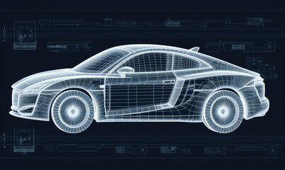 Infographic blueprint presents a comprehensive technical drawing of a car. Creating using generative AI tools
