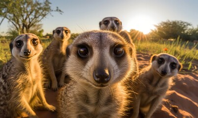 Playful meerkat strikes a pose and snaps a delightful selfie. Creating using generative AI tools