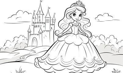 Transform the cartoon princess and castle's line art into a majestic coloring scene. - obrazy, fototapety, plakaty