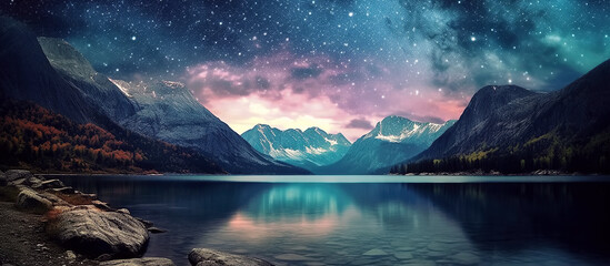 starry night sky with stars and milky way over mountains and lake. Generative AI illustration