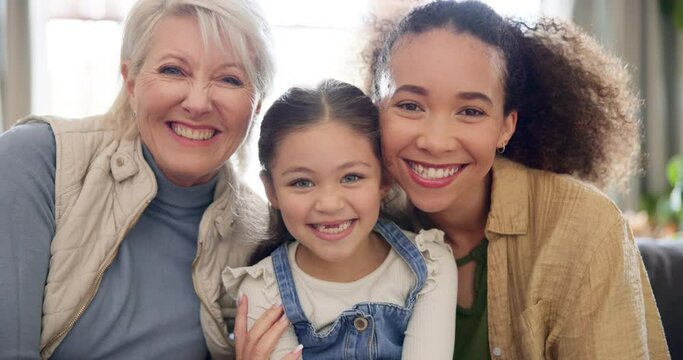 Smile, happy family and selfie on a sofa with mother, grandmother and girl child in their home. Face, love and portrait of interracial women in a living room for photo, bonding and profile picture