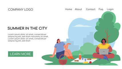 Landing page concept. Summer in the city. Proplr rest in the park, talking with friends, relaxing atmosphere. Two girls in picnic talking and working. Flat style. Vector illustration