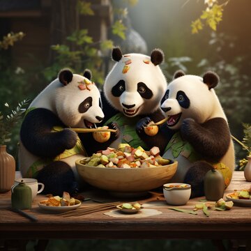 Cute 3D Panda Character Enjoying a Meal Together Collection