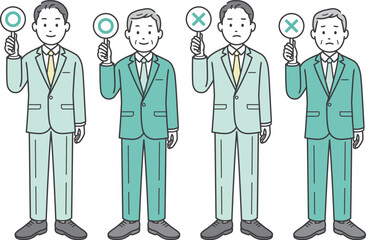 ⚪︎と&times;の札を上げる男性ビジネスマン