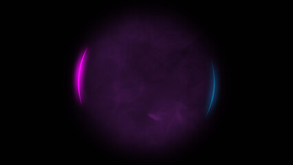 Neon glow. Smoke sphere. Sci-fi design. Defocused purple color vapor in blue pink light flare circle frame on dark black copy space abstract futuristic background.