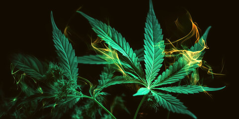 cannabis marijuana leaves with neon light on black isolated background close-up. Generative AI