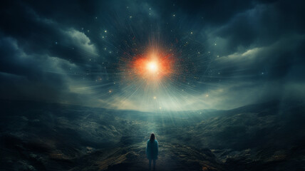 the cosmic eye hangs above the earth examining people