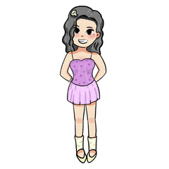 A cute girl is wearing a purple camisole and a pink skirt