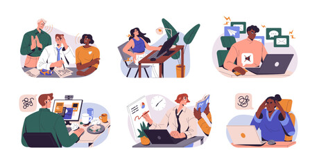 Attentive employees stay focused, concentrated at work. Notifications disturbing from businesses. Concentration and distraction concept. Flat graphic vector illustrations isolated on white background