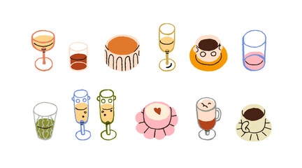 Cups, glasses, wineglasses set with drinks. Espresso and latte coffee, tea, champagne, wine, matcha, juice, different beverages. Colored flat vector illustrations isolated on white background