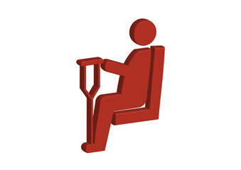左向きで松葉杖をついて椅子に座る人の赤い優先席マークの3Dイラスト