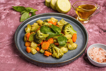 Plate with different fried vegetables on purple background