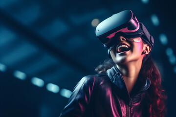 Metaverse and blockchain technology concept with teenage girl. Virtual world experience.The concept of future technologies. Generative Ai content