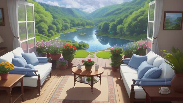 Beautiful and peaceful fantasy landscape background seen from the balcony of the house with sofa. Animation with Japanese anime or cartoon style that repeats continuously.