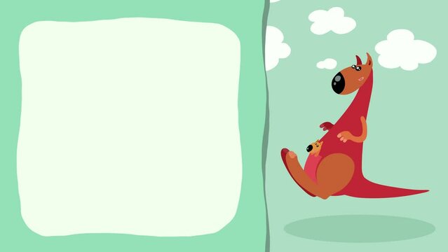Cartoon character kangaroo with a baby for titles. Jumping animal character from Australia good for fairy tales, illustration, etc... Cute intro frame included, seamless loop. 
