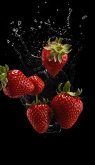 flying slices of strawberry with water splash on black background. Generative Ai