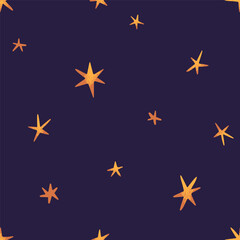 Stars on night sky, seamless pattern. Starry endless background, repeating print. Golden sparkles, texture design for decor. Printable flat vector illustration for wallpaper, textile, fabric, wrapping