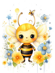 Cute watercolor bee around flowers, illustration for children