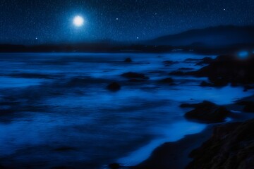 composition of a mysterious view of the pacific ocean and waves in long exposure at night with moon and shooting stars