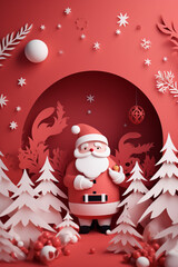 Santa Claus papercut festive Christmas background. Generative AI