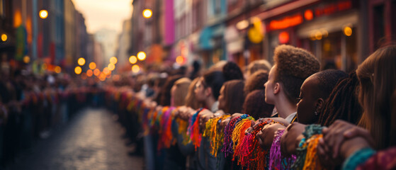 Regenbogen der Liebe: Lesbische und schwule Menschen halten Hände bei Parade - obrazy, fototapety, plakaty