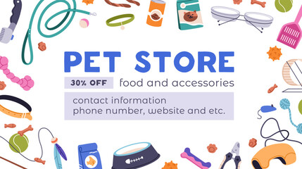 Pet store, ad banner design. Feline and canine animal shop, promo background. Marketing promotion for cats and dogs accessories, goods, supplies, toys and feed sale. Flat vector illustration