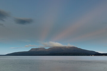 Sunset over lake Tarawera and Mountain