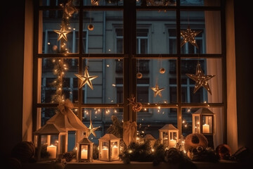 Obraz premium Decorated window in Christmas festive ornaments and lights. Nostalgia concept. Generative AI