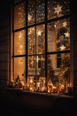 Decorated window in Christmas festive ornaments and lights. Nostalgia concept. Generative AI