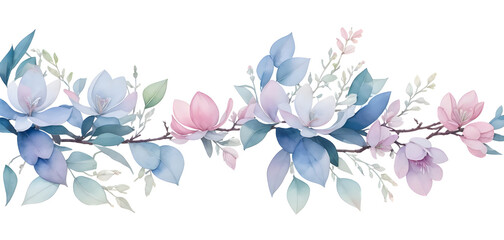 watercolor magnolia flowers and eucalyptus leaves on transparent background,generative ai